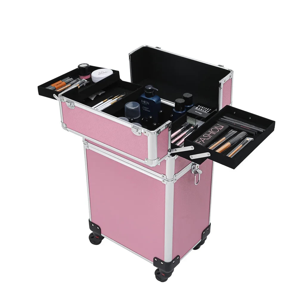 Trolley Zeng Makeup Case,Pink Train Rolling Case Drawers with Case Makeup