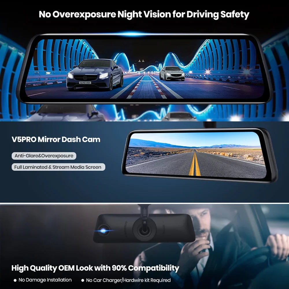 Recorder Dash Dual Smart HD Full Rear Screen Camera Touch View Cam Driving 9.35inch Mirror Backup Auto-Vox Reverse
