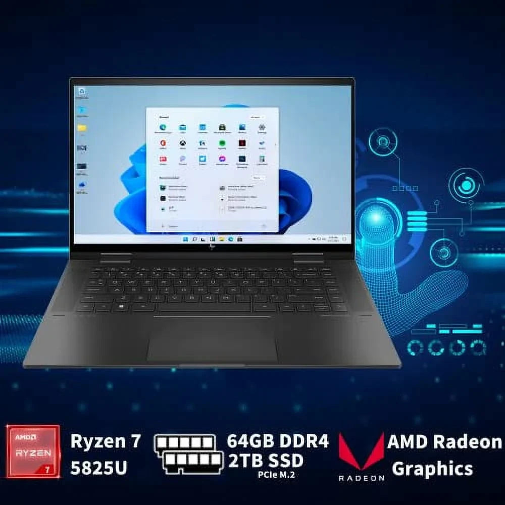 USB Keyboard, Camera, 11, Ryzen 2TB Touchscreen 15.6" Backlit SSD, 2-in-1 5825U, HP 2022 Black, Envy 5MP 32GB Graphics, Laptop, PCIe True AMD Radeon AMD IR Vision x360 Win 7 Card RAM, 64GB