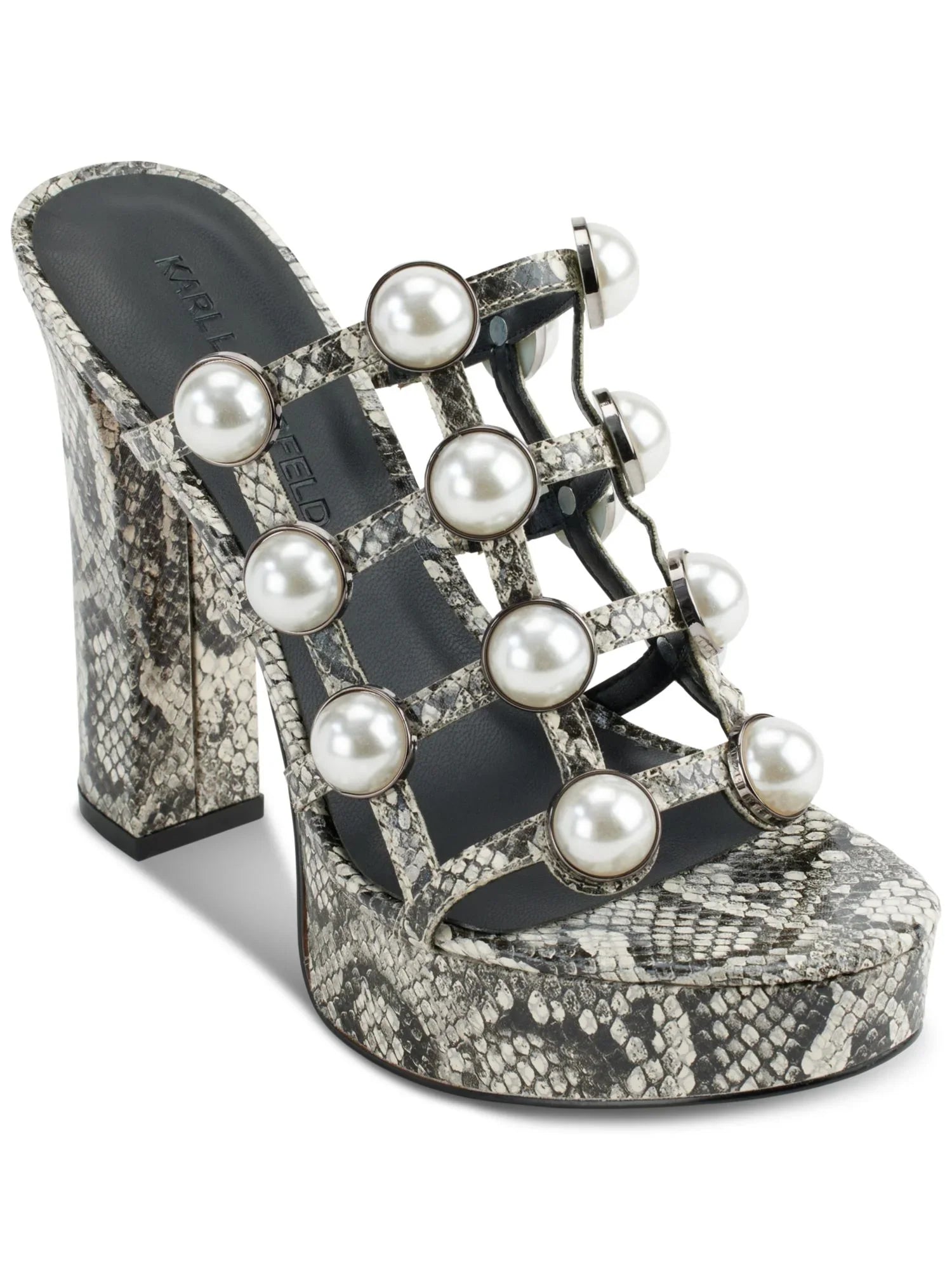 Dress Round Cone 1" Black On M KARL 9 LAGERFELD Womens Heel PARIS Heeled Slip Addica Toe Sandal Snakeskin Platform Embellished