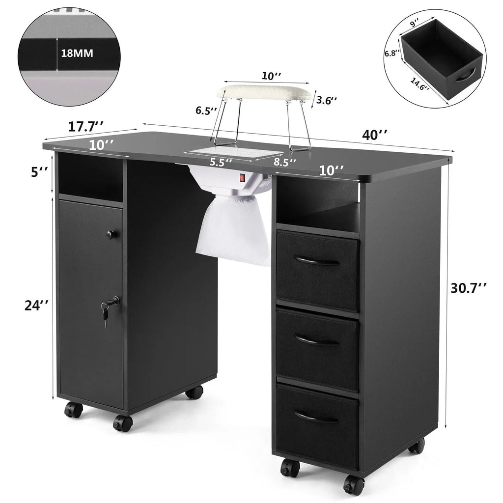 Nail Beauty Station Artist Table Desk Hand Wrist with Electric Cushion, Drawers, Wheels, Shelves Lockable Black Downdraft Manicure Vent,