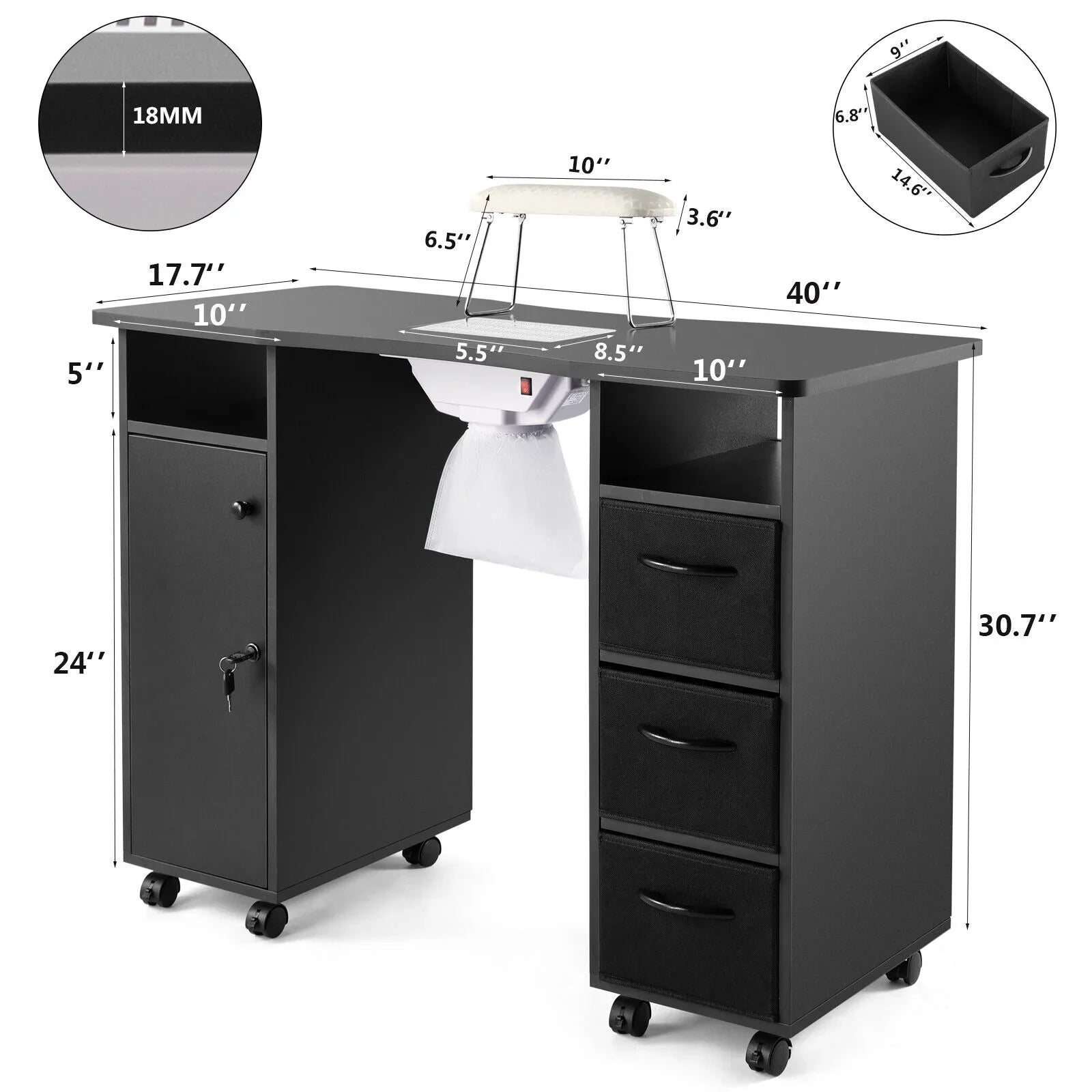 Nail Beauty Station Artist Table Desk Hand Wrist with Electric Cushion, Drawers, Wheels, Shelves Lockable Black Downdraft Manicure Vent,