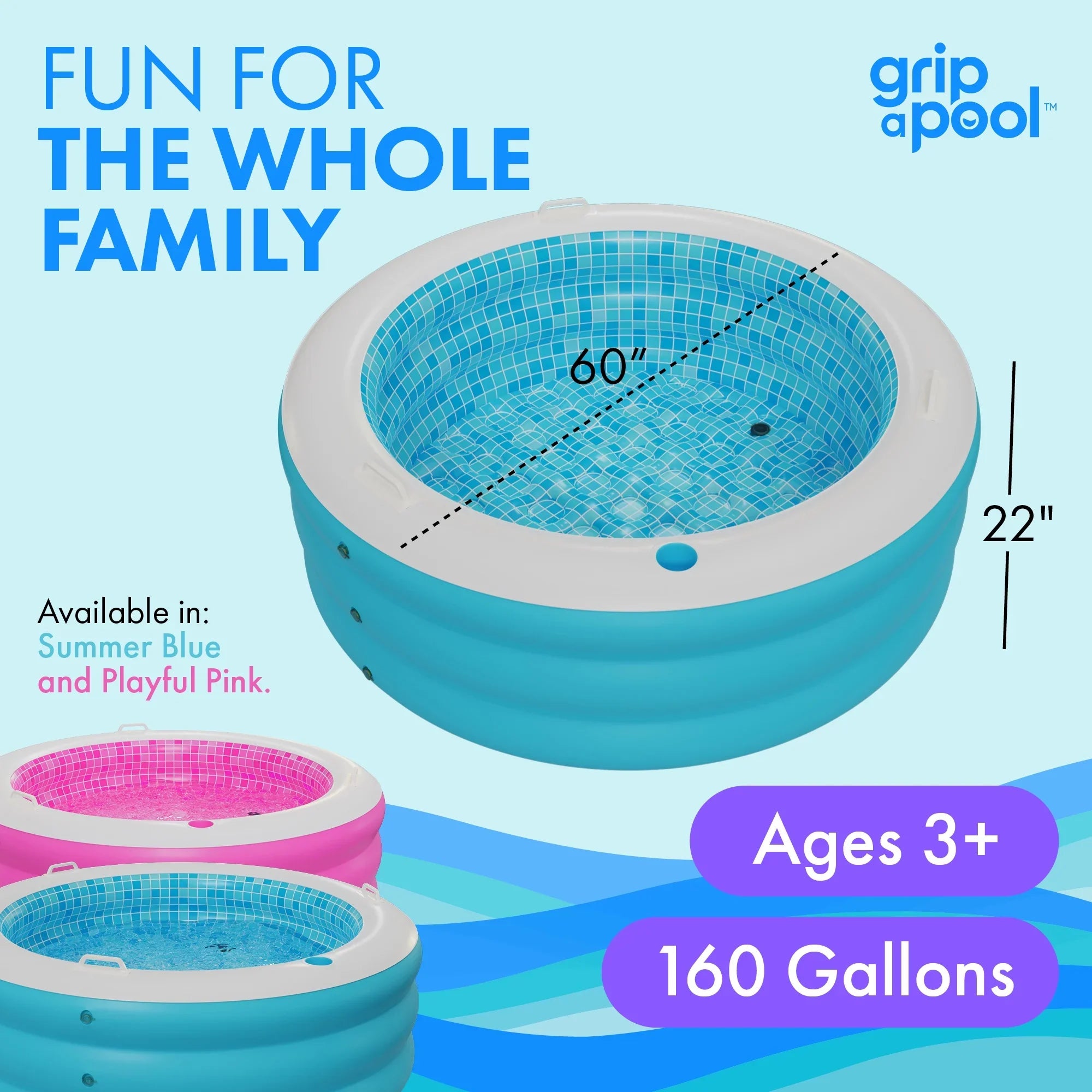 5 Grip Round 6 Bars Perfect Handle and Large Floor Swimming 60"x22" Ages Pool - 7 Drain with Kids Adults Kiddie Padded Blow Kid 4 Round 8+ Pool for and with Inflatable Up