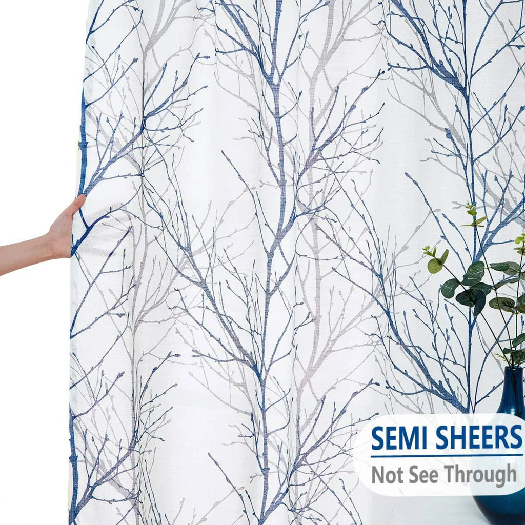 Gray Set Linen Sheer Decoultimatex Textured Room White Tree Panels Sheer Window Semi Drapes Living for 52"x84"x2 Curtain Blue for Branches Print Bedroom, Curtain Grommet,
