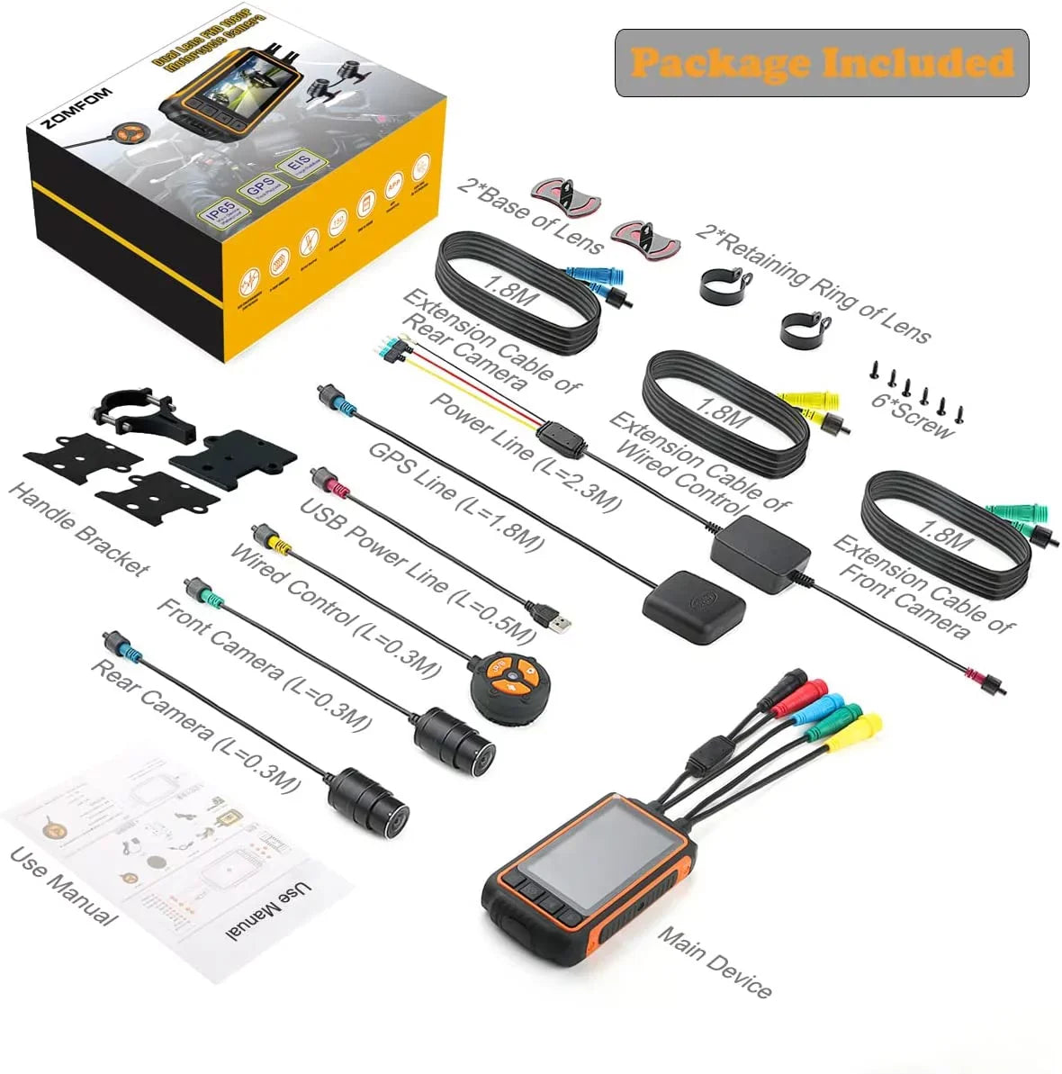 Waterproof Wide LCD GPS, Recording and Lens Waterproof Angle Motorcycle, with ZOMFOM 150° Dash for Camera up Max Wired G-Sensor, Rear 1080P Cam EIS to 256GB Wi-Fi, 3'' and FHD Control, Front