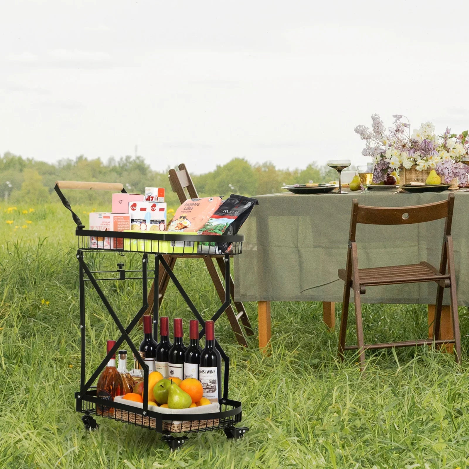 Trolley Storage 2-Tier Metal Utility Cart, Rolling Multifunction