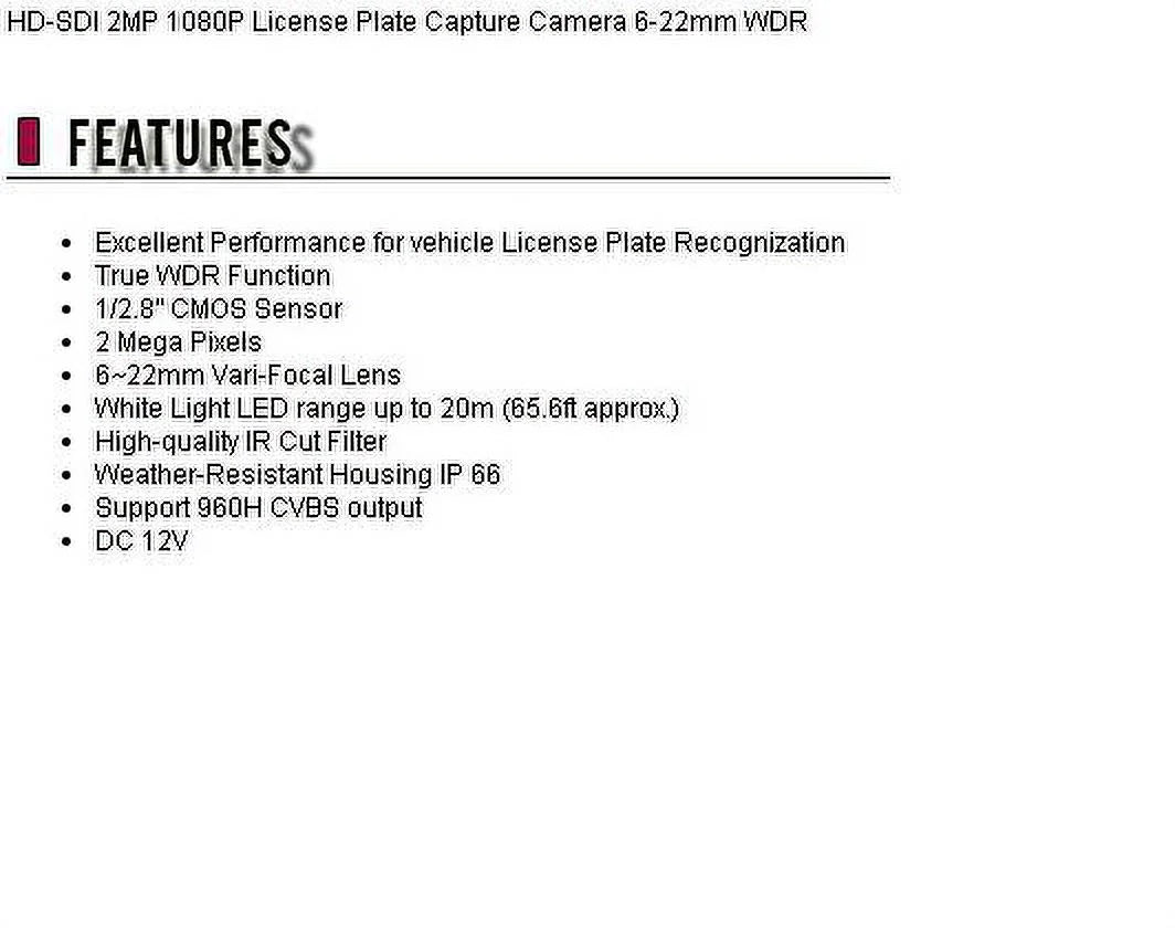 2MP License (Wall HD-TVI Plate CCTV Camera Capture 6-22mm Mount) 1080P WDR