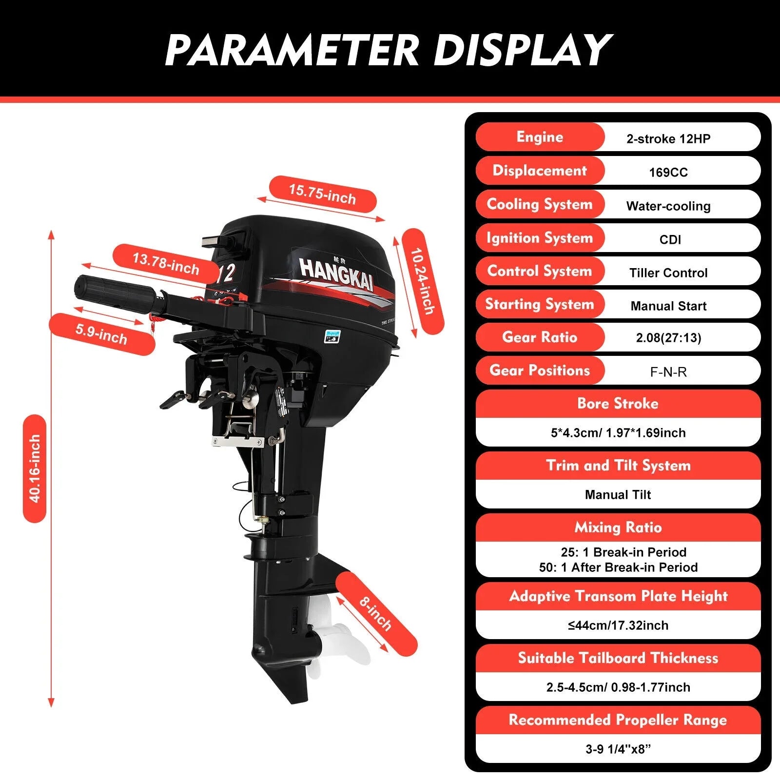 (2 Boat System Stroke 2 Fishing Motor, hp) Heavy System Water Stroke hp Cooling Engine 12 Boat Outboard Duty 12 Motor w/CDI 169cc