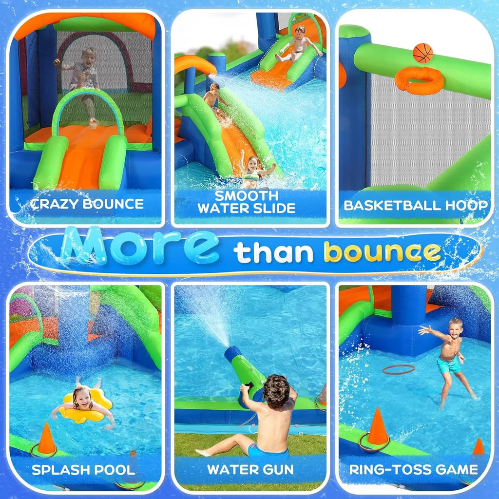 Bounce New) Air House (2024 House Hoop, w/Basketball Ring-Toss Blower Slide Water Water Inflatable for 3-6, Kid Bounce JOYMOR Inflatable Water Cannon, Inflatable Water w/Slides, Game, Slide