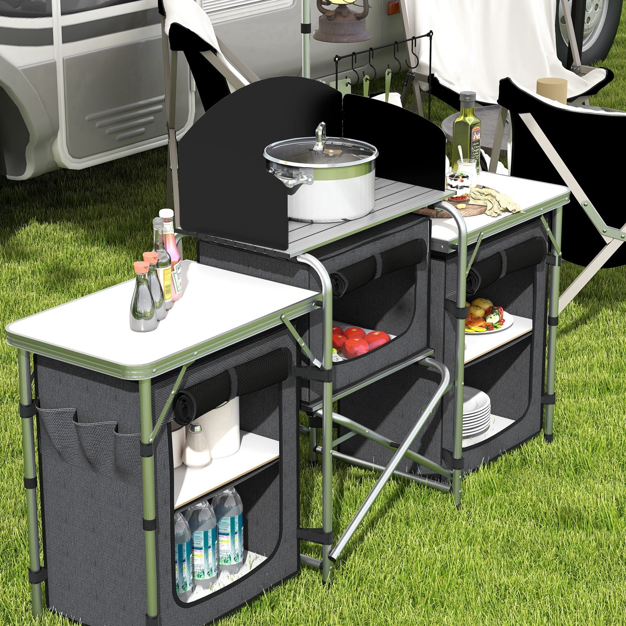 with Camping Cupboards Folding Kitchen Windshield Fabric Outsunny Black