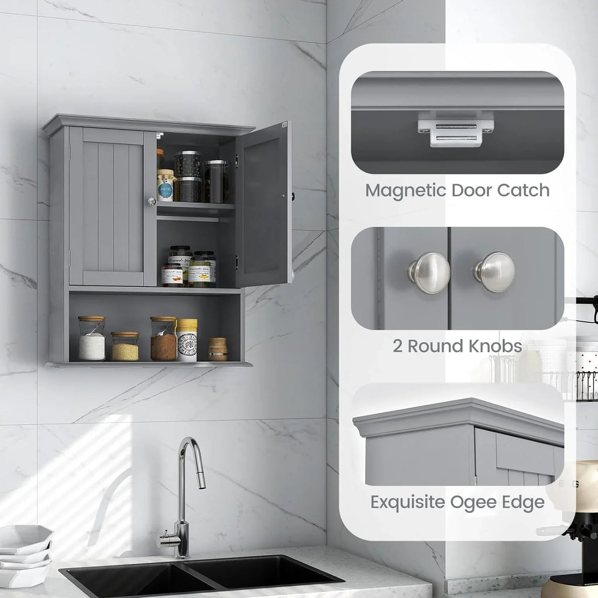 Wall Kitchen with Hanging Cabinet, Room, Cabinet Wall Cabinet Shelves, Bathroom Bathroom & Multipurpose Doors Cabinet, Wooden Medicine Bathroom Storage Living Mounted Grey Storage for