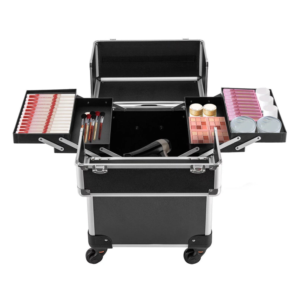 Rolling Cosmetic Case Beauty Hairdresser Wheels Organizer Tool Barber Salon Trunk Train Luggage (Black) Case Trolley, Box Makeup Nail Lockable Stylist Travel Swivel Cart with