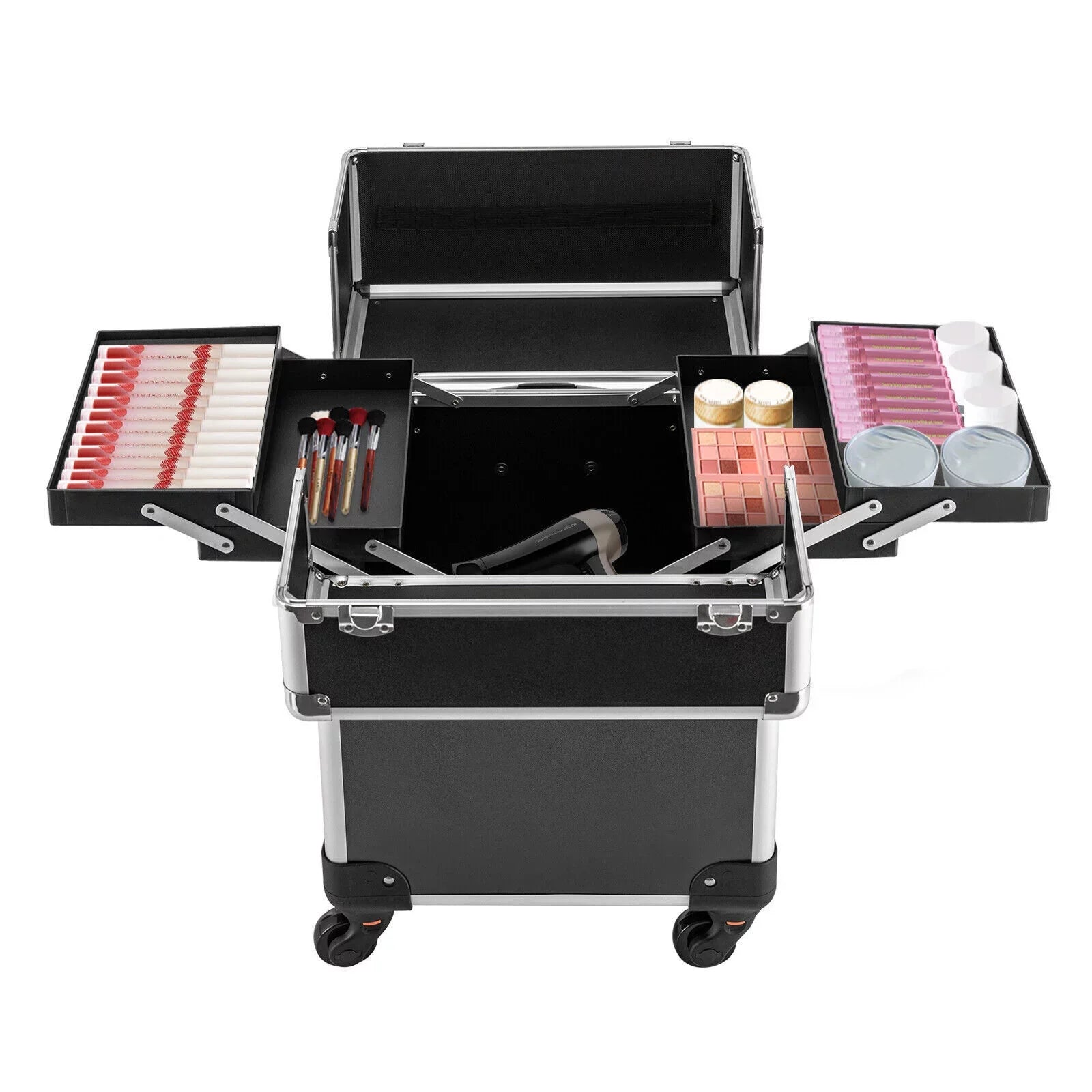 Rolling Cosmetic Case Beauty Hairdresser Wheels Organizer Tool Barber Salon Trunk Train Luggage (Black) Case Trolley, Box Makeup Nail Lockable Stylist Travel Swivel Cart with