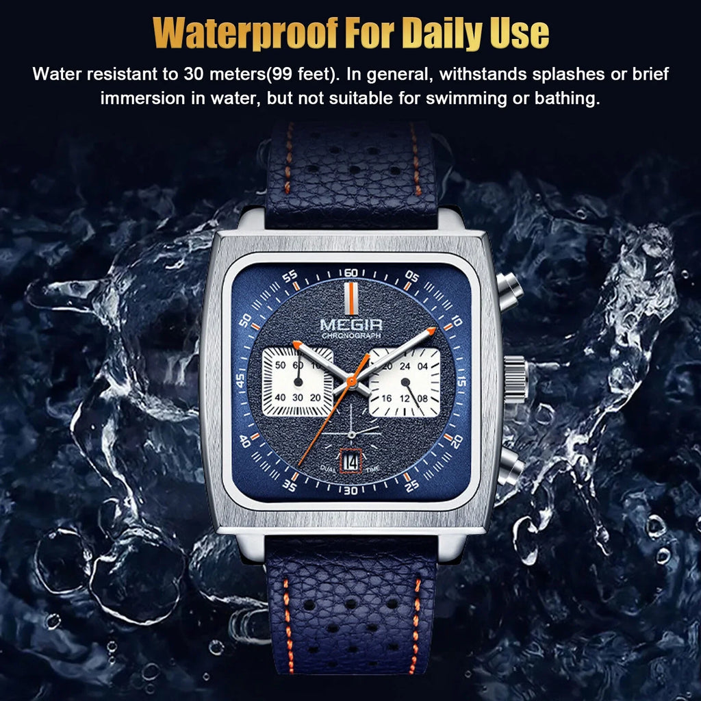 Wrist Leather Quartz Waterproof MEGIR Men Watch Square Calendar Luminous Fashion