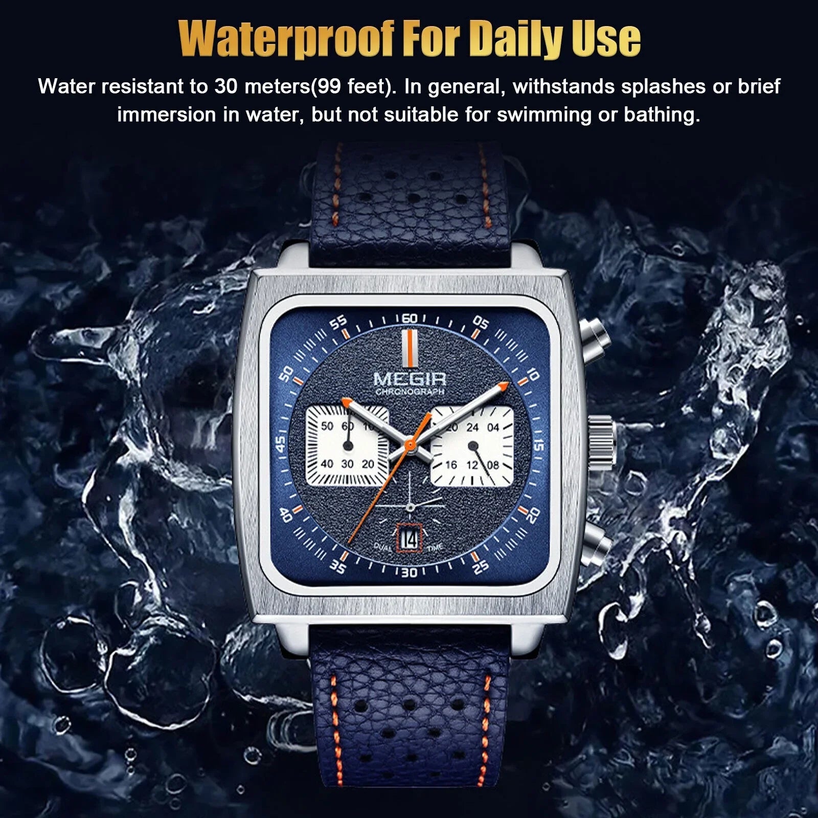 Wrist Leather Quartz Waterproof MEGIR Men Watch Square Calendar Luminous Fashion