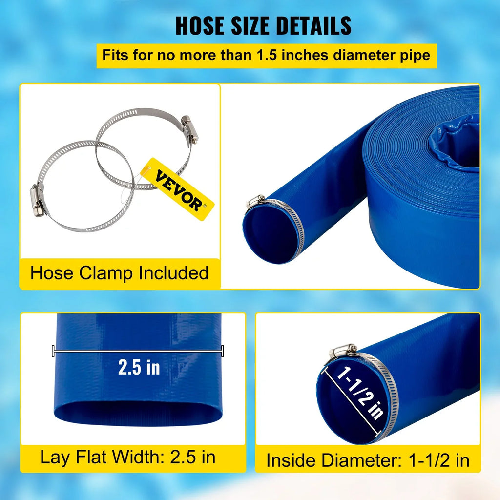 Heavy Water & Hose, Swimming for Blue 105', Weather-proof Clamps, Pool Backwash PVC Hose, Flat Hose Fabric x Burst-proof, VEVOR 1-12" Discharge & with Duty Lay Transfer, Drain Ideal