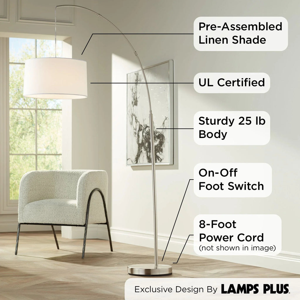 Floor Brushed Drum for Tall 360 Standing Reading Office Room 72" Linen Lamp Cora White Shade Living Nickel Arc Lighting Metal Bedroom House Modern