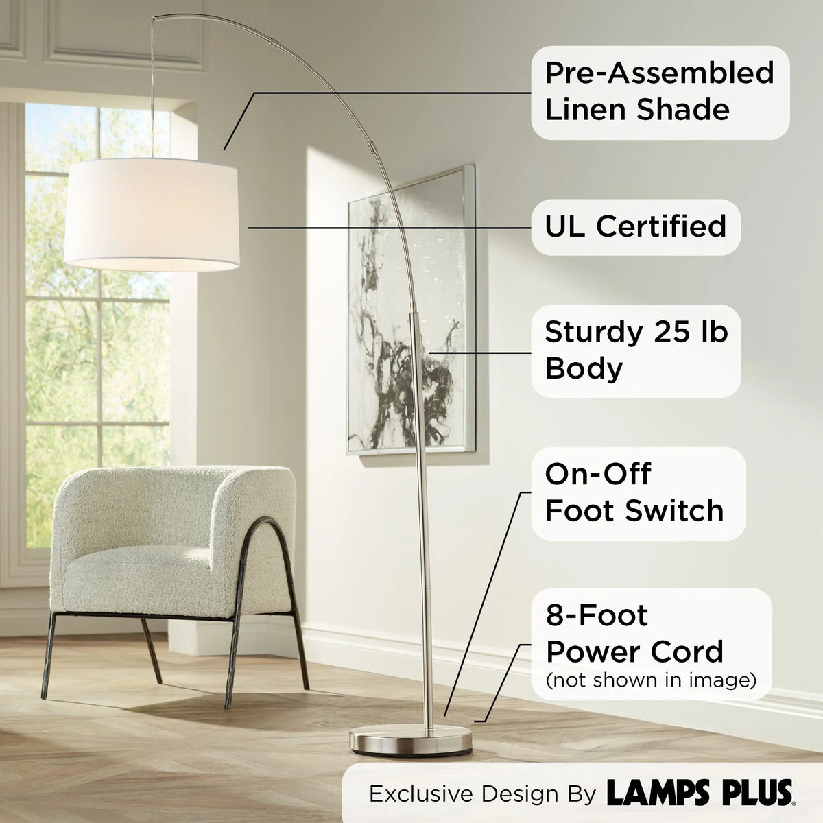 Floor Brushed Drum for Tall 360 Standing Reading Office Room 72" Linen Lamp Cora White Shade Living Nickel Arc Lighting Metal Bedroom House Modern