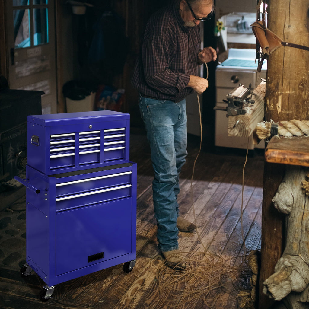 & 2-IN-1 On Hidden Blue Lockable Tool Wheels Cabinet Large Chest Sliding Tool with 8 Tool Drawers, Tool Double Box Organizer Rolling Box, with Drawers, Chest Drawers, Capacity with