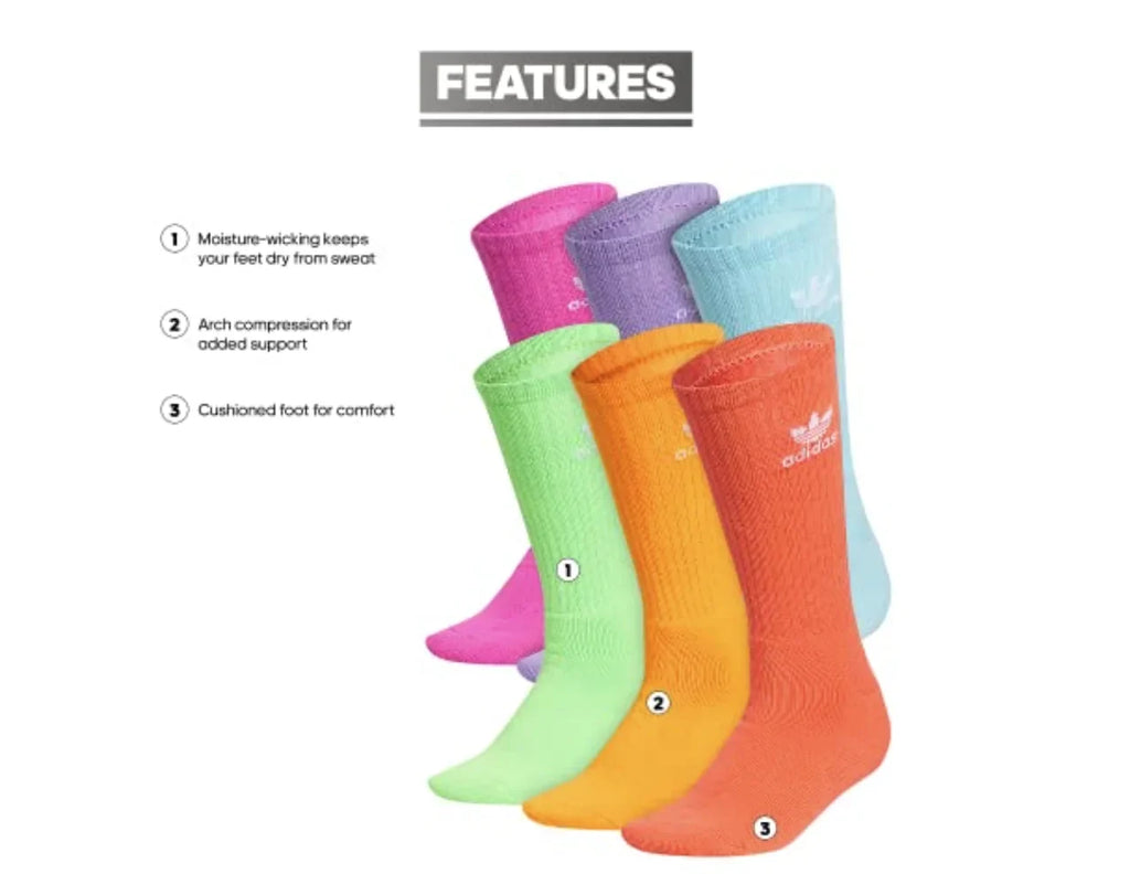 Trefoil Originals Large Multi-colored, 6 Youth Adidas Socks, Pack, Crew