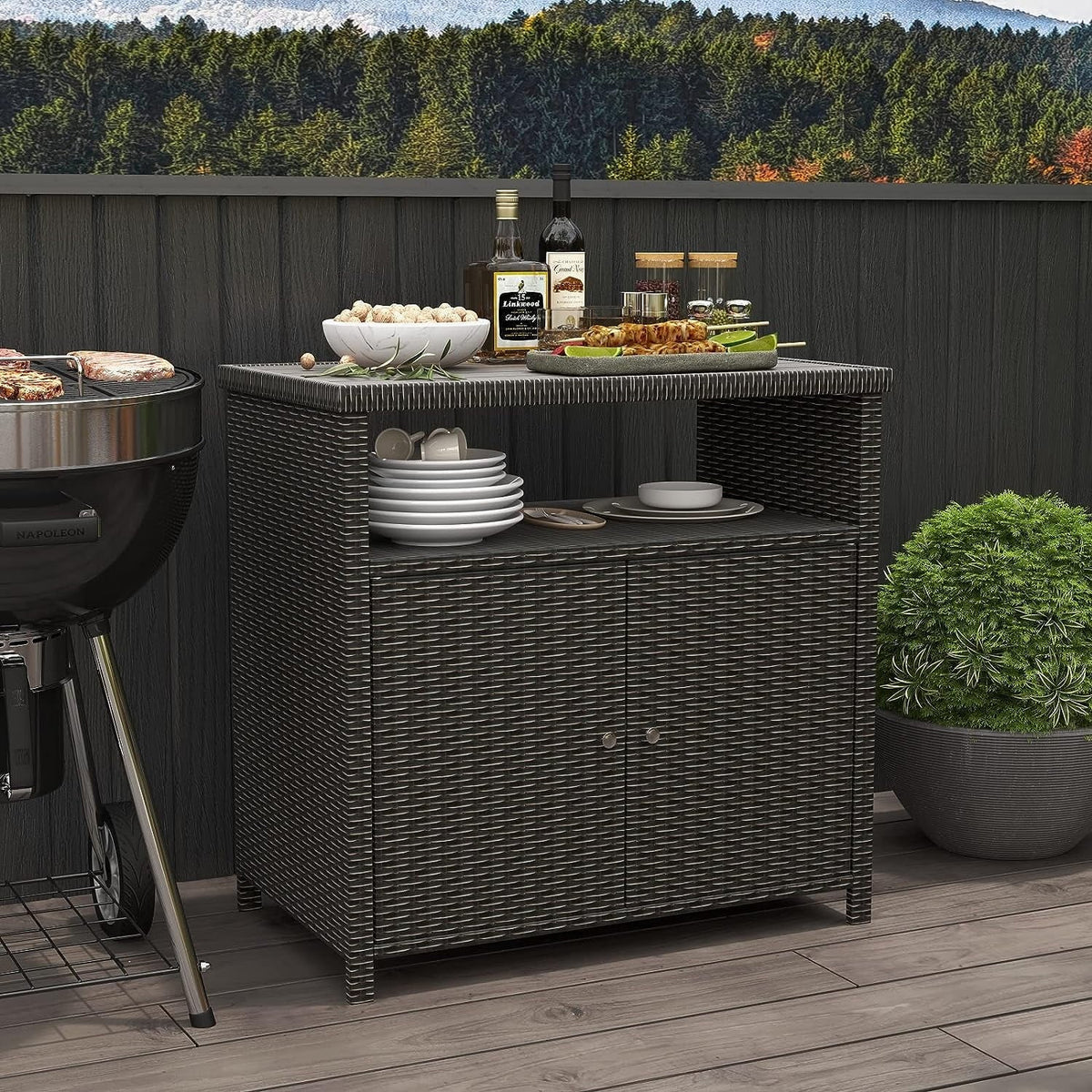 Resin with Powder Storage Outdoor Cabinet Wicker, Wicker Coated Steel, Dark Weather 2-Door Indoor Brown All Shelf,