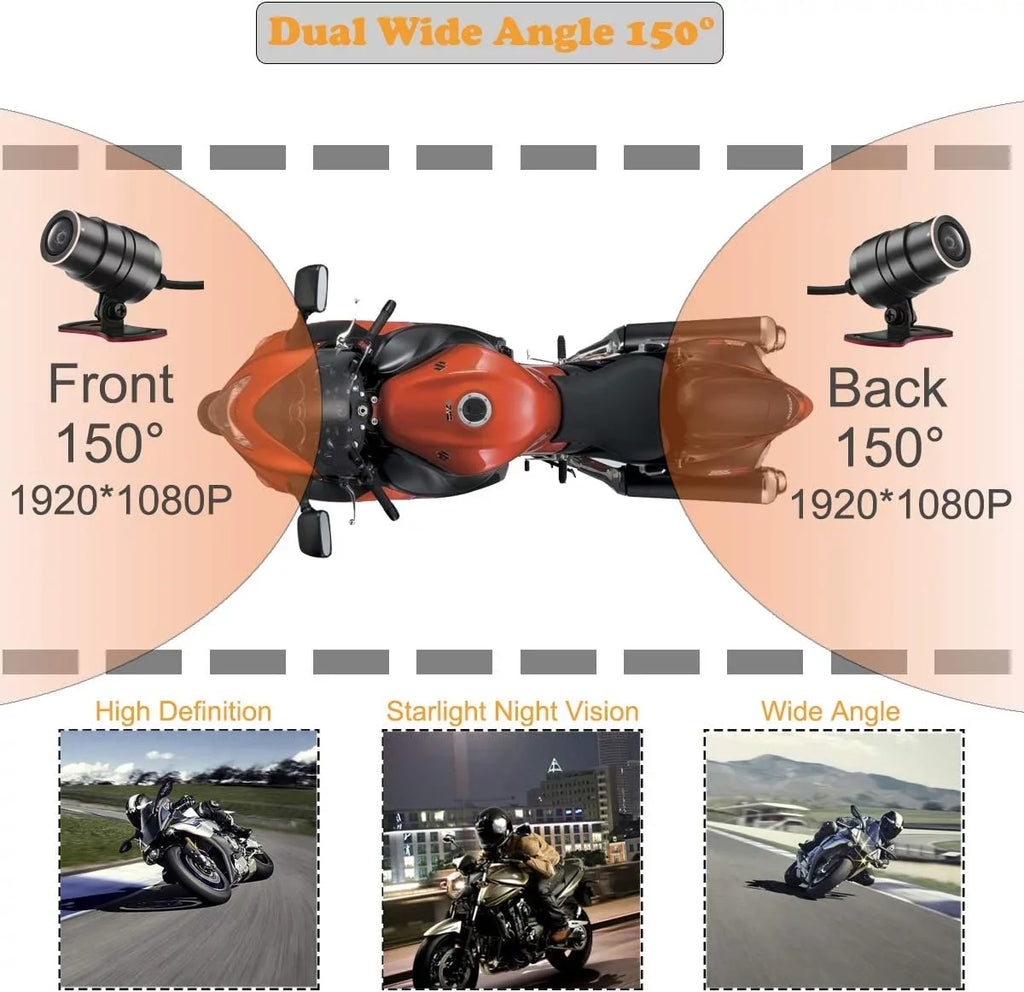Waterproof Wide LCD GPS, Recording and Lens Waterproof Angle Motorcycle, with ZOMFOM 150° Dash for Camera up Max Wired G-Sensor, Rear 1080P Cam EIS to 256GB Wi-Fi, 3'' and FHD Control, Front