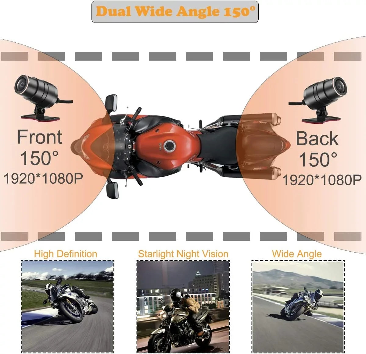 Waterproof Wide LCD GPS, Recording and Lens Waterproof Angle Motorcycle, with ZOMFOM 150° Dash for Camera up Max Wired G-Sensor, Rear 1080P Cam EIS to 256GB Wi-Fi, 3'' and FHD Control, Front