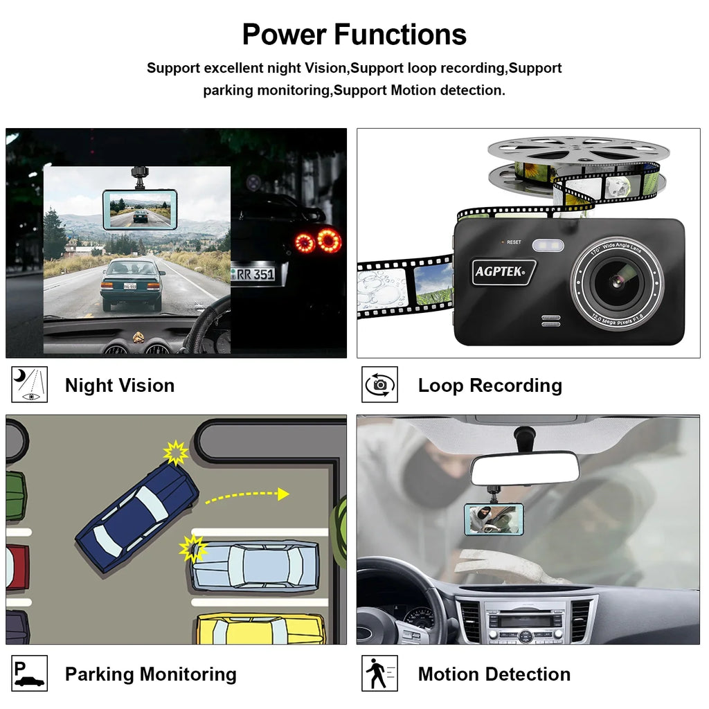 Dashboard 4" AGPtek Vision Camera 1080P Recorder Night Monitor Video Parking Camera Car DVR Vehicle Dash G-Sensor