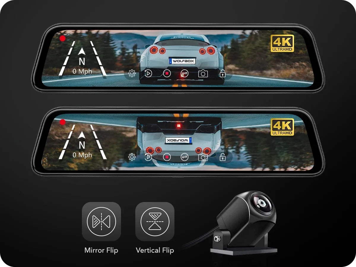 Full Dash Camera, Dash GPS Mirror 32GB Card Rear with Screen, 4K Mirror Backup Parking & Touch 12" Camera Free Cam, Monitor, View WOLFBOX