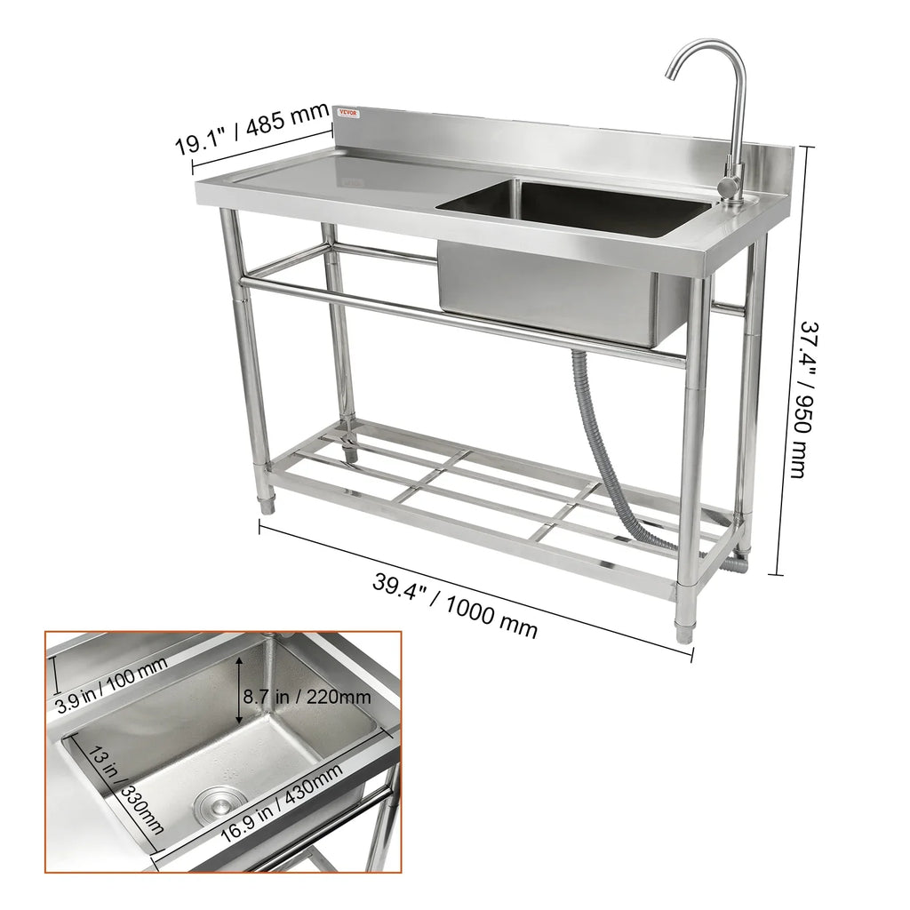 Sink 19.1 39.4 & in Utility Prep Commercial 37.4 Single w/Workbench BENTISM Bowl x x