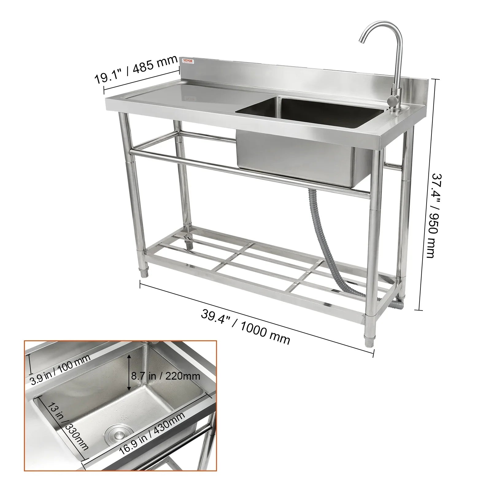 Sink 19.1 39.4 & in Utility Prep Commercial 37.4 Single w/Workbench BENTISM Bowl x x