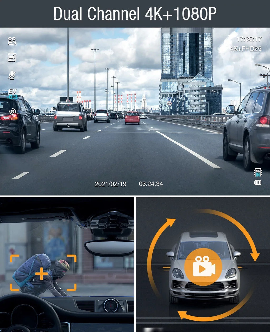 3" Dash Screen Loop G-Sensor and Dash Front Camera 4K Mode Cam Camera 4K+1080P Parking TOGUARD Recording LCD Car Inside