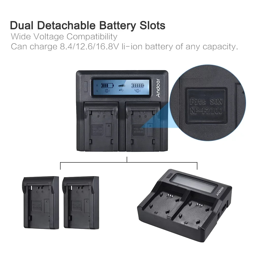Channel LCD A7SIII Sony Replacement A7III Battery Dual A7RIII NP-FZ100 A9 Andoer for