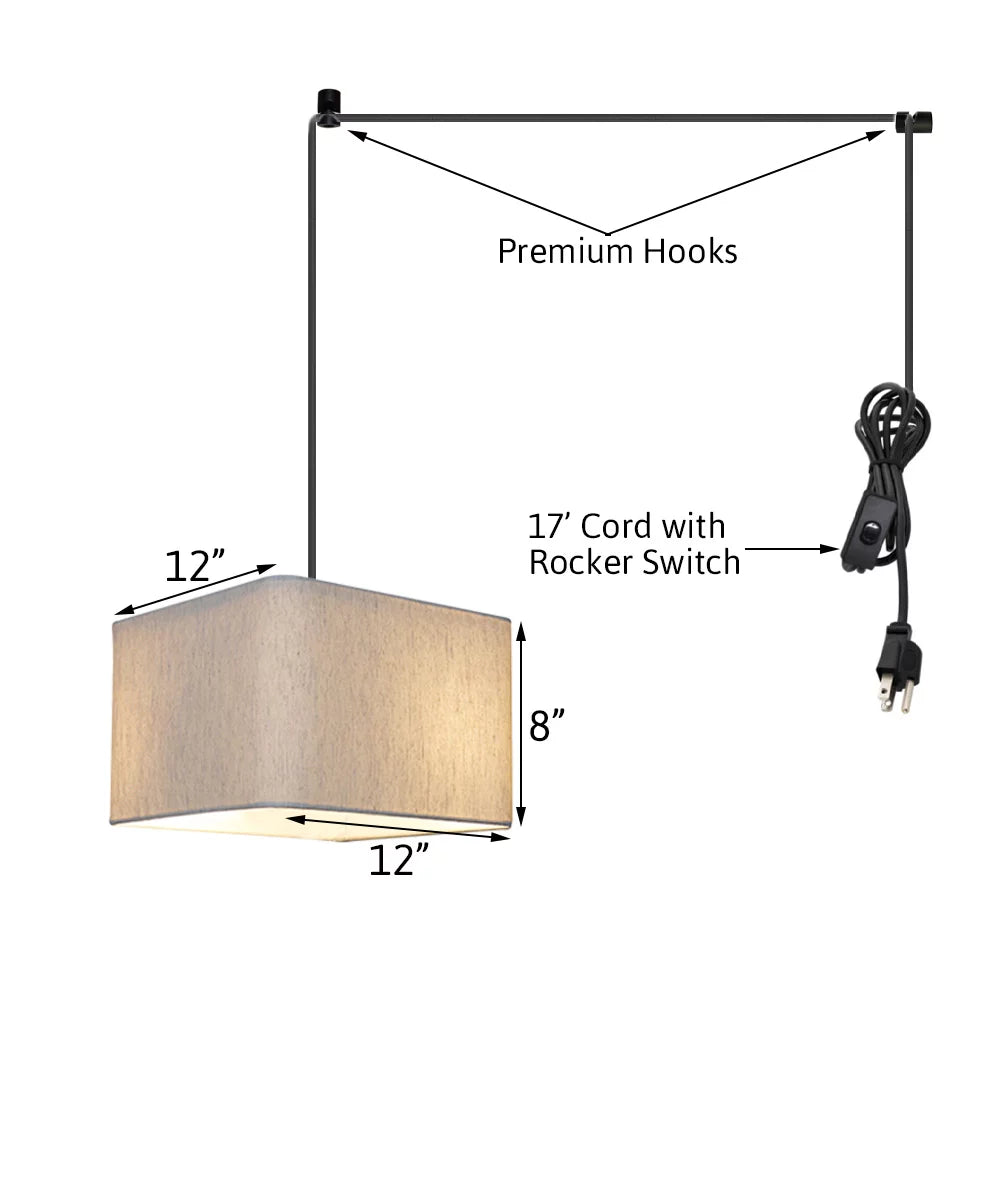 Oatmeal Shade, Square Plug-In Swag 14"w Corner Light Black Pendant Rounded 1 Drum Cord
