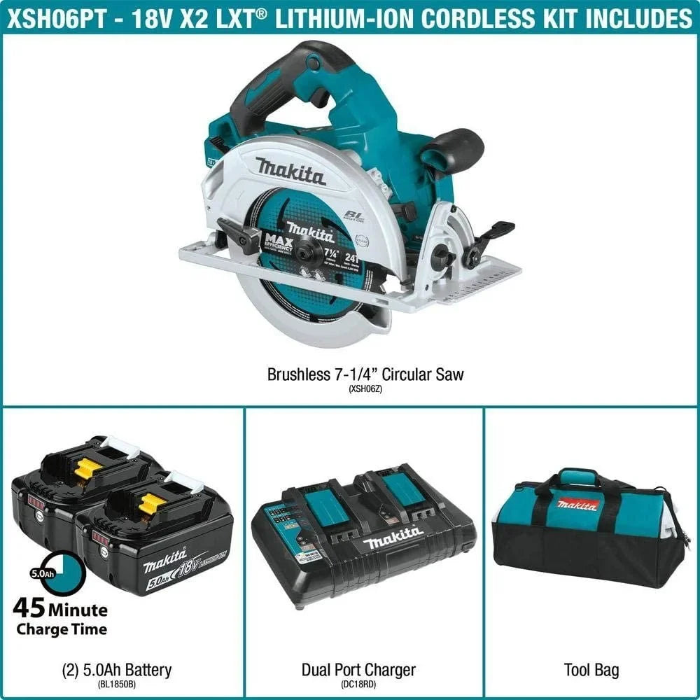 Kit X2 LXT Brushless Lithium-Ion XSH06PT 7-1/4 Circular 36V Cordless 18V Makita 5.0Ah Saw