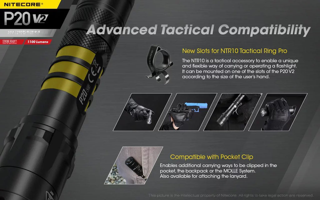 Tactical 1100 LED - Flashlight Battery, V2 XP-L2 P20 CREE Cord Lumens - USB w/NL183 Nitecore Charger Combo: V6 +Free Eco-Sensa UI1