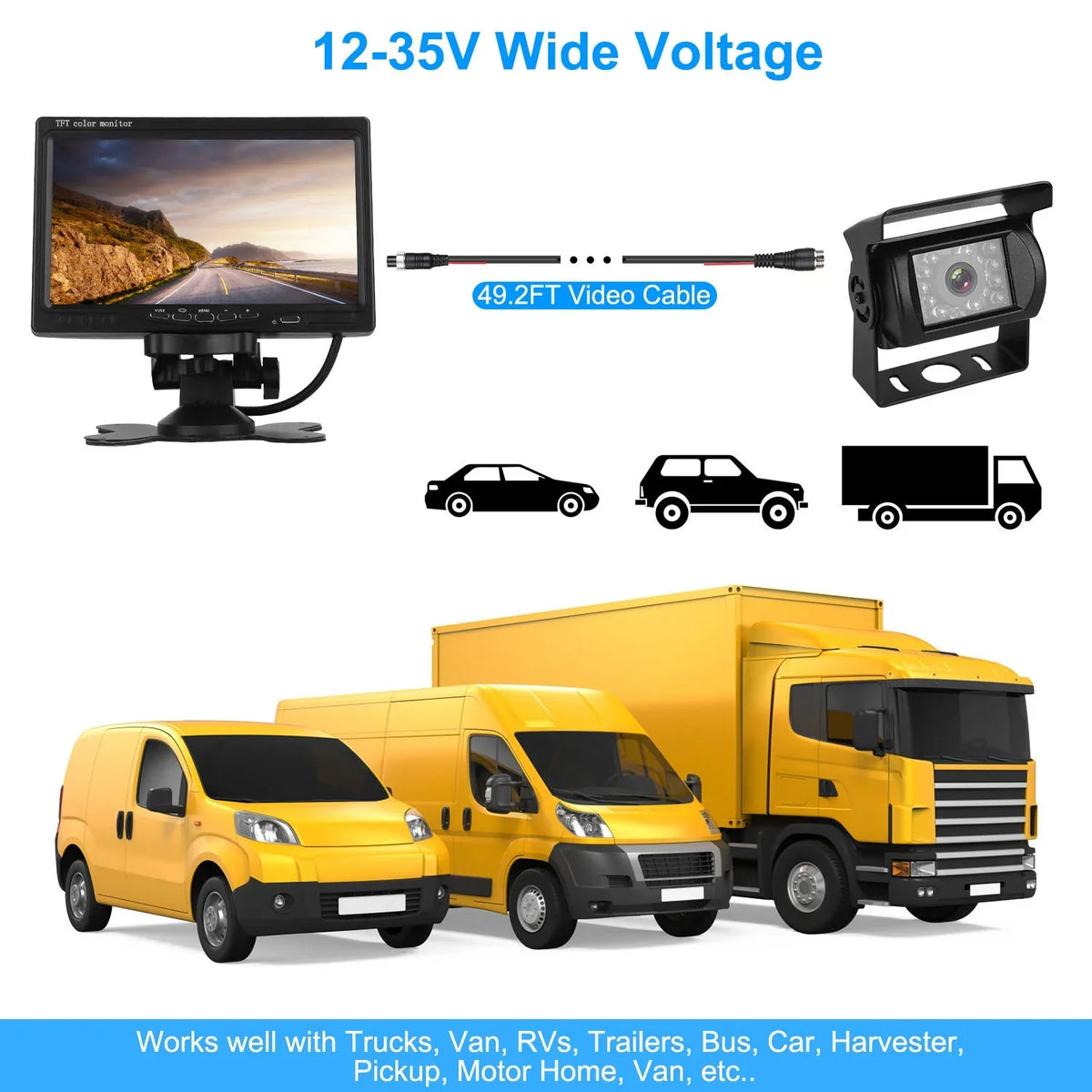 with Trunk Parking Waterproof SUV Parking Reverse Night Vision Reverse Camera, 7In Vehicle Car System Reverse Rearview System, Car Van Camera, Car Backup IP67 Monitor for