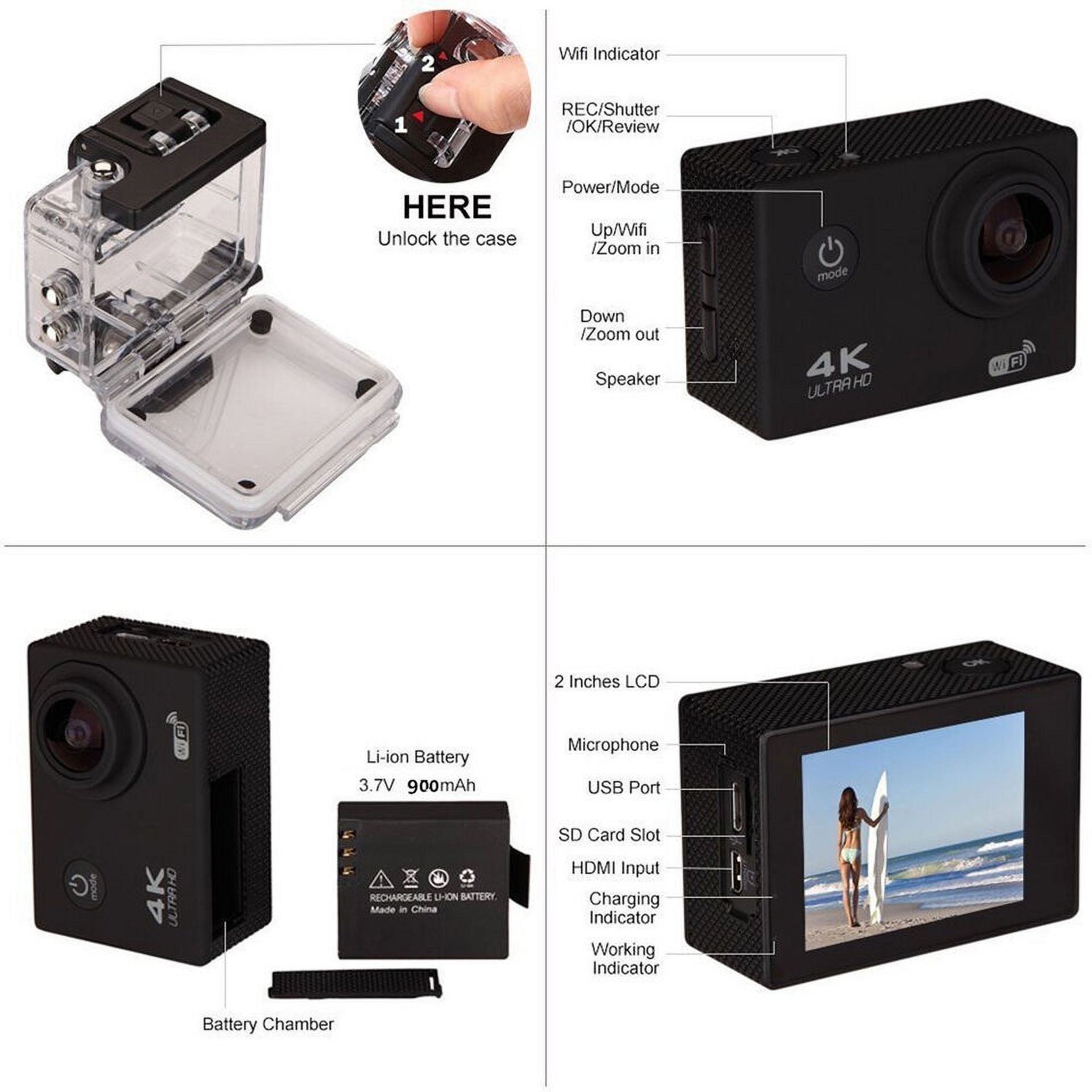 30M Camera Camera Included TF HD Card, Waterproof, Action Case Under 1080P Carry Battery, Sports