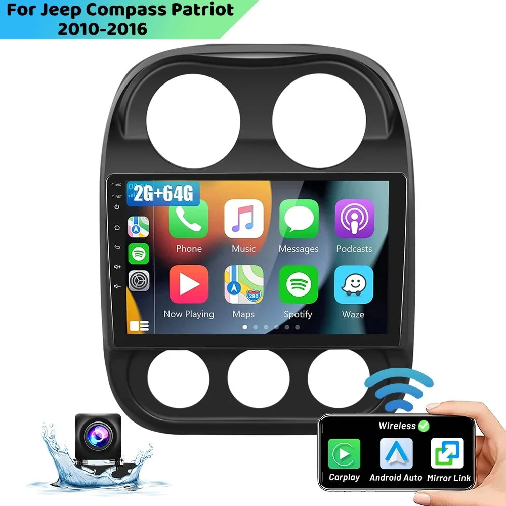 Android 2010-2016 JEEP Stereo Auto for Hifi Bluetooth Carplay 2+64G GPS Camera Car 10'' Backup Touchscreen 13 COMPASS Radio FM Podofo Link USB,AHD Android Wireless Vehicles Mirror WIFI