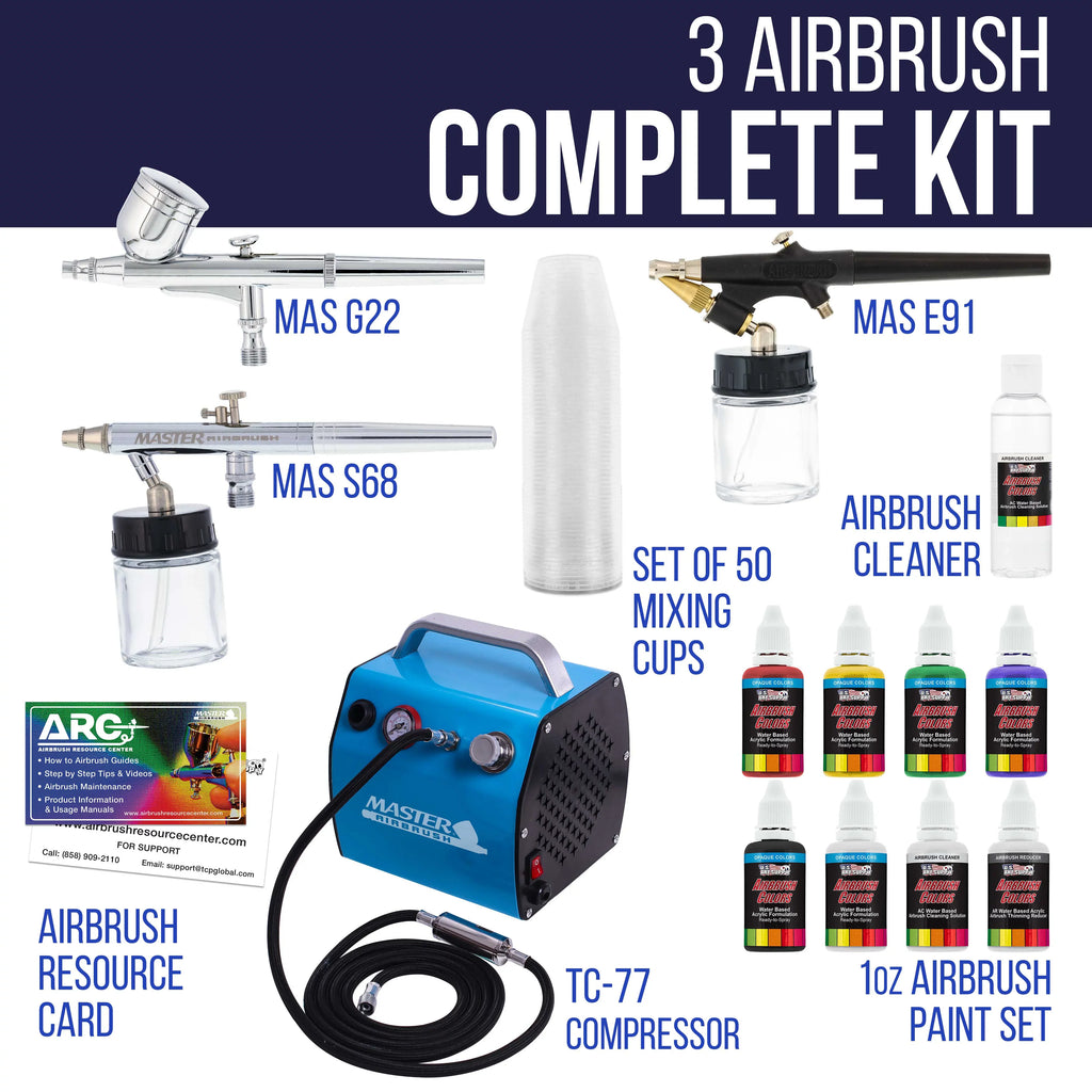 Deluxe Air 3 Pro w/ Compressor Airbrushes Colors 6 Paint Airbrush System &