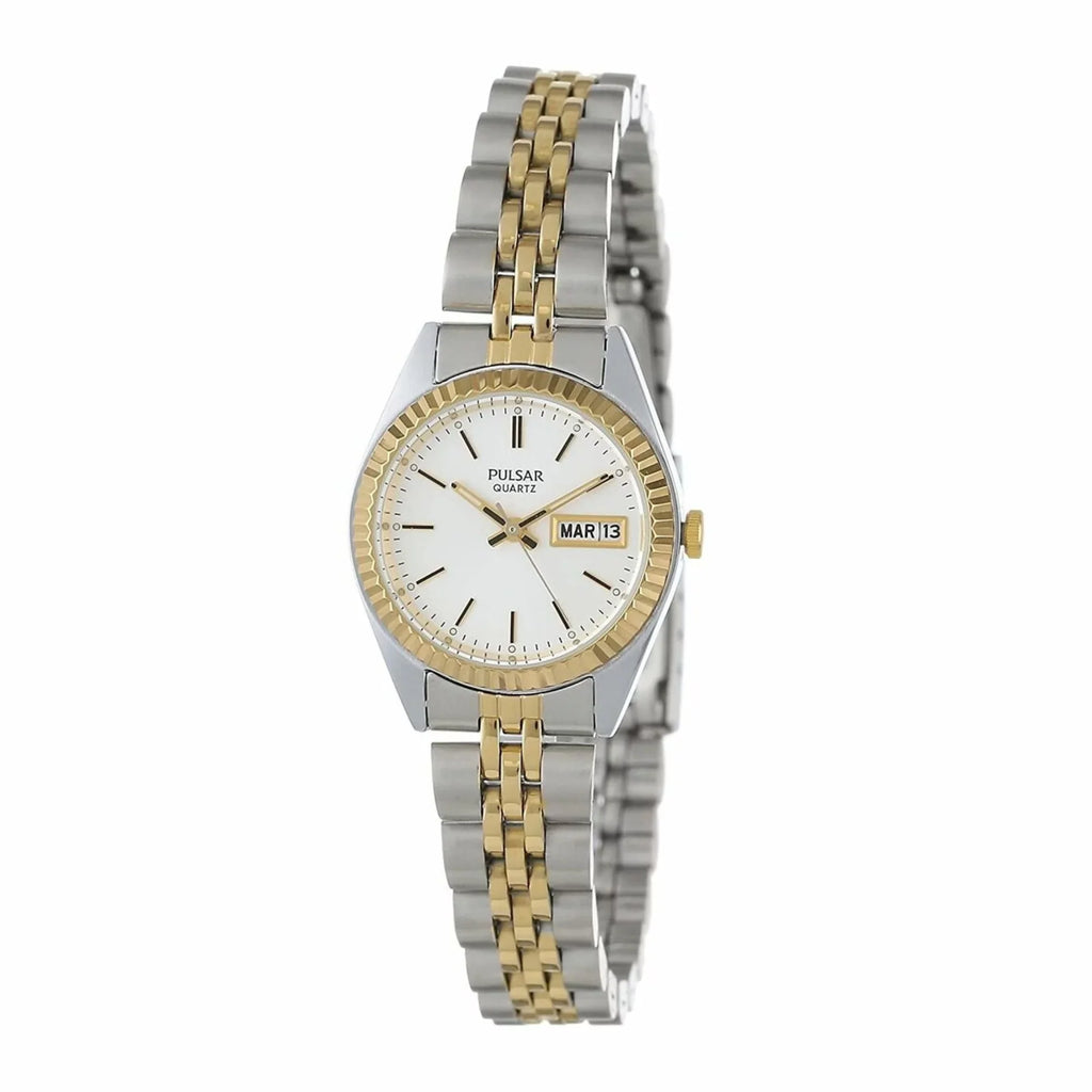 Stainless White Gold-Tone Case Ladies Face Day/Date - Bracelet Watch