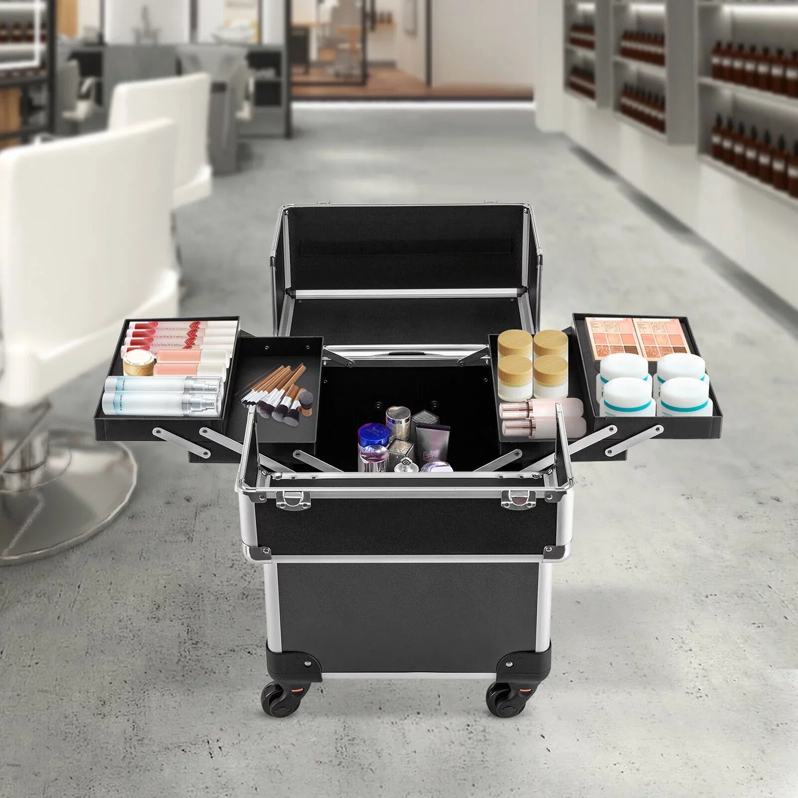 Rolling Cosmetic Case Beauty Hairdresser Wheels Organizer Tool Barber Salon Trunk Train Luggage (Black) Case Trolley, Box Makeup Nail Lockable Stylist Travel Swivel Cart with
