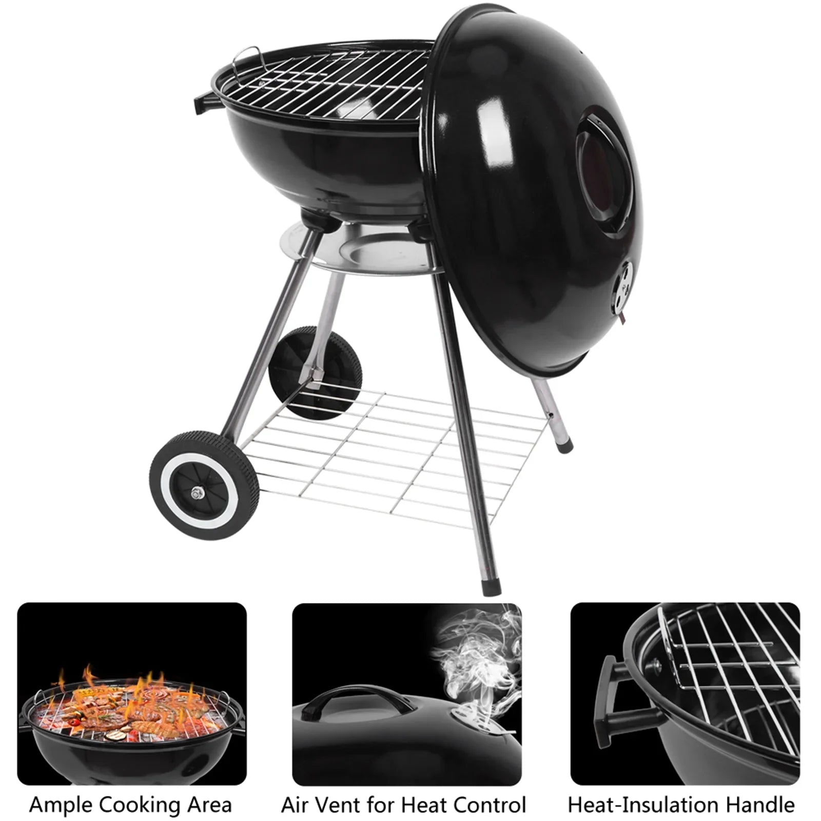 Grill on Wheels, Storage Grate Cooking Steel Outdoor w/ 18 Charcoal Grill with Grill Area, inch Camping BBQ