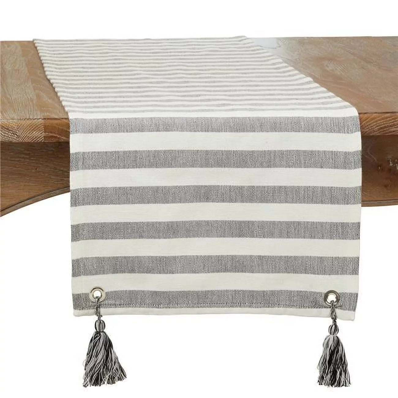 White 72 Oblong Table in. x & Black 16 Tassel Striped Runner,