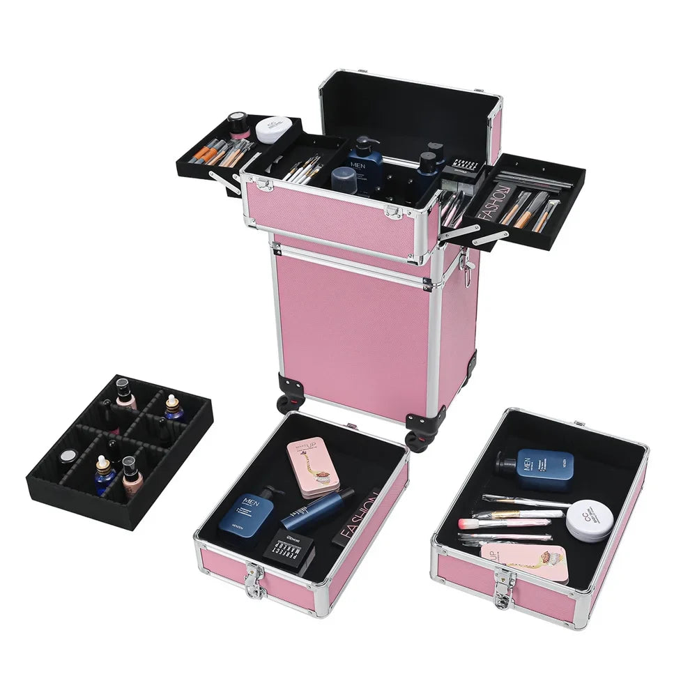Trolley Zeng Makeup Case,Pink Train Rolling Case Drawers with Case Makeup