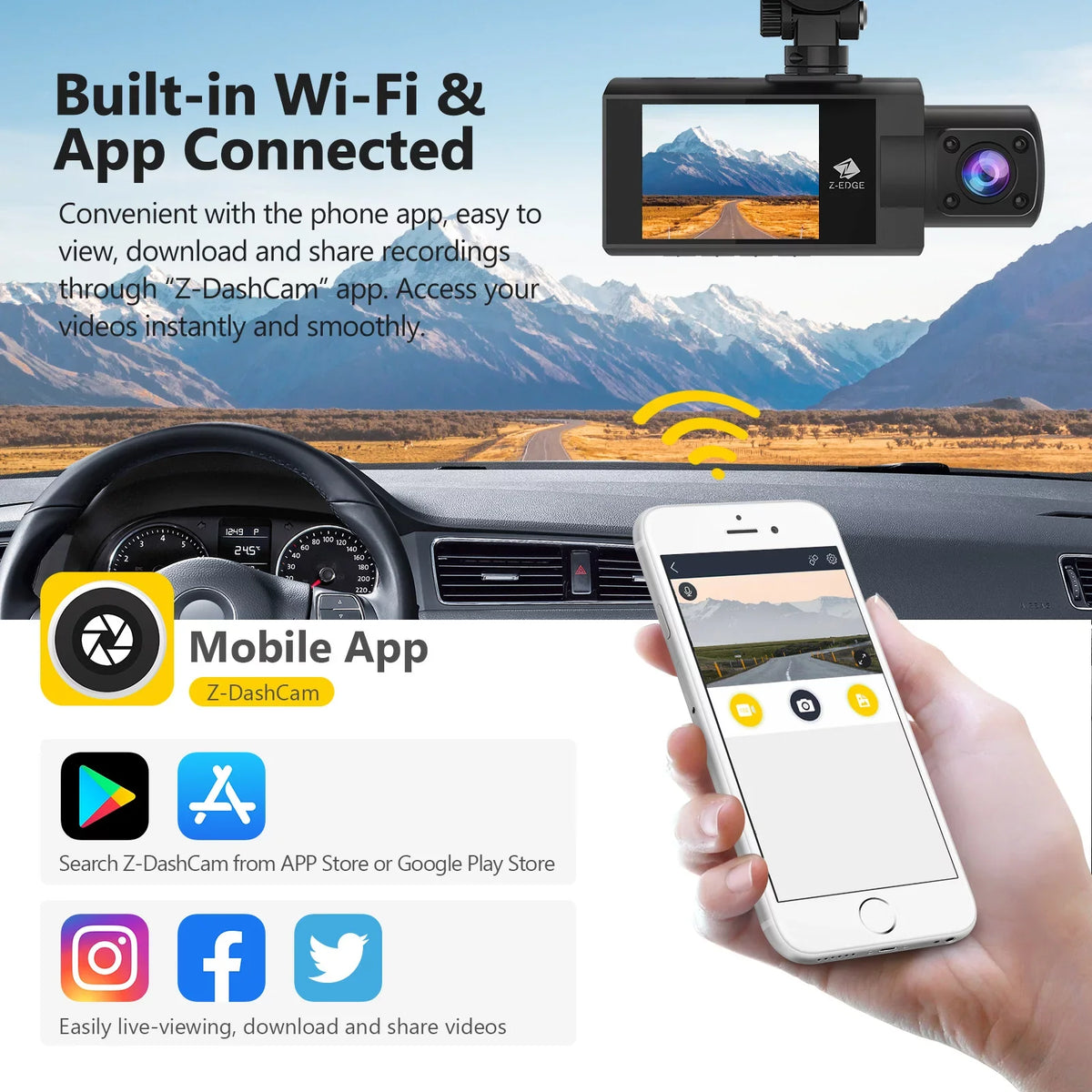 WiFi Version Dual Inside 2K+1080P Dash Cam, Z3Pro Z-Edge New Dash and Front Cam