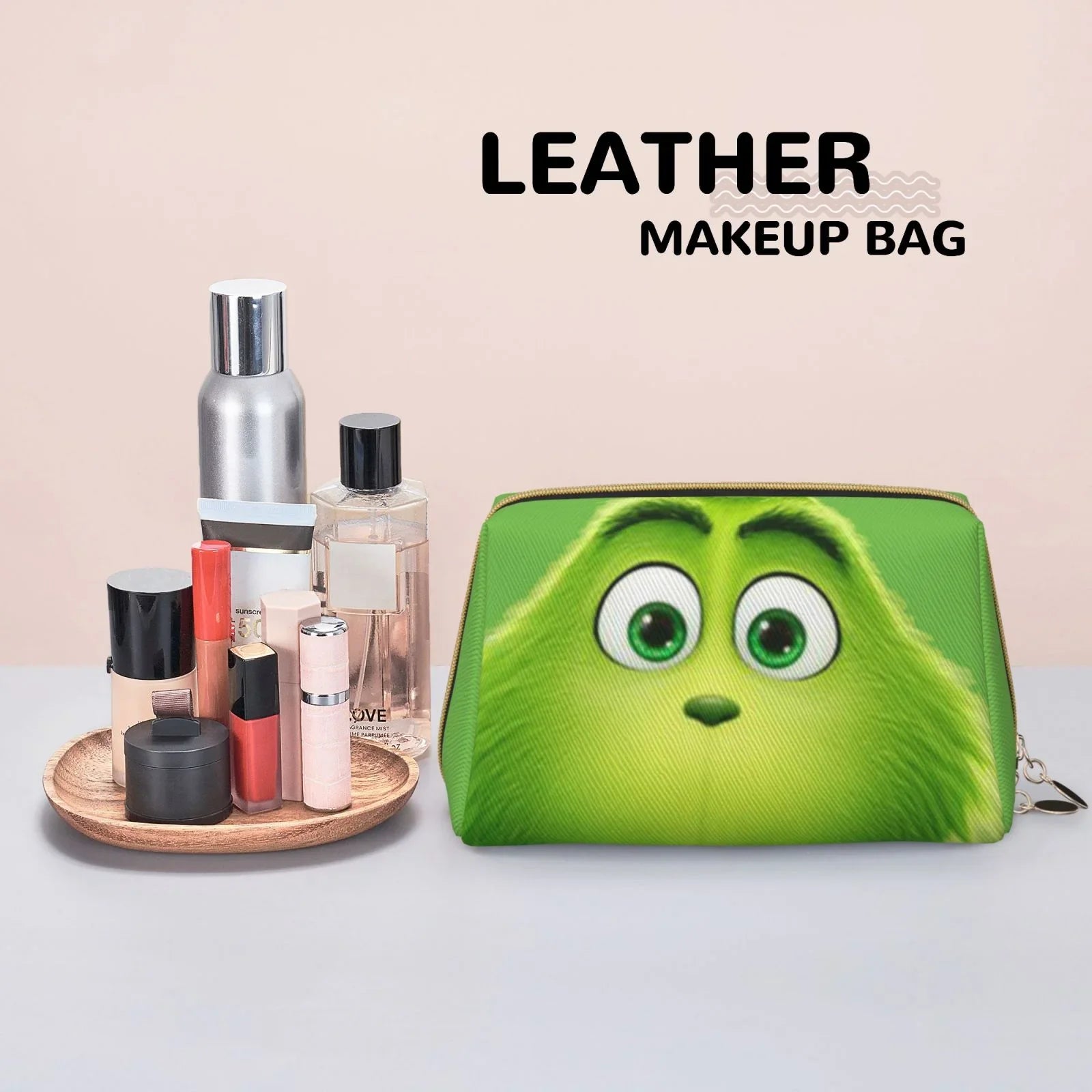 Green Bag Travel Cosmetic Organizer Portable Grinch Leather Makeup Purse Pouch Gift Bag Toiletry Storage