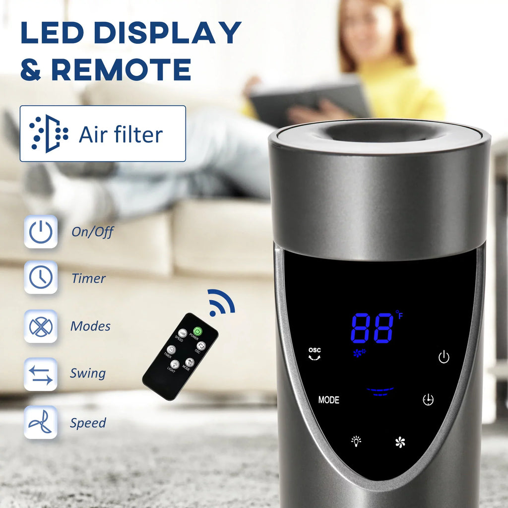 Tower Fan Bedroom 12H Cooling Oscillating, and Filter, for 3 Speeds, Timer, Remote Control, with Air 46" Grey HOMCOM