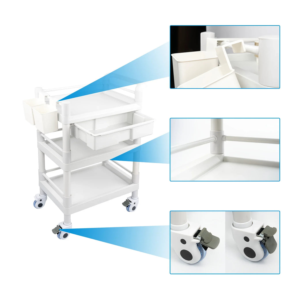 Tier Dirt Wheels 500 Hospital Trolley 3 Heavy for Cart Rolling Medical Dental 360°Rotate with Lbs Buckets Salon Spacious Medical Clinic Cart Duty Trolley Drawers Beauty Mobile Utility