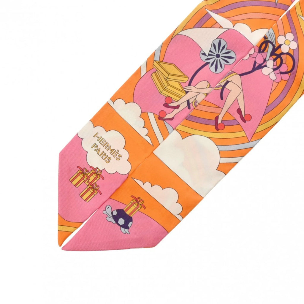 Muffler Volants Twilly (Like Carres HERMES - 100% Scarf Silk Pre-Owned Women's New) Orange/Rose/Mauve